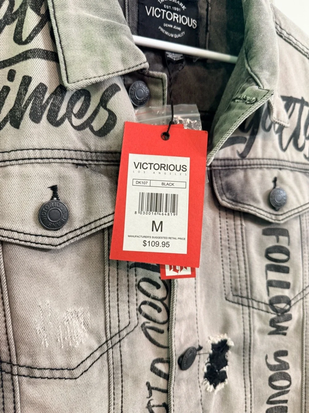Victorious Gray Distressed Graphic Denim Jacket NWT Men’s Medium